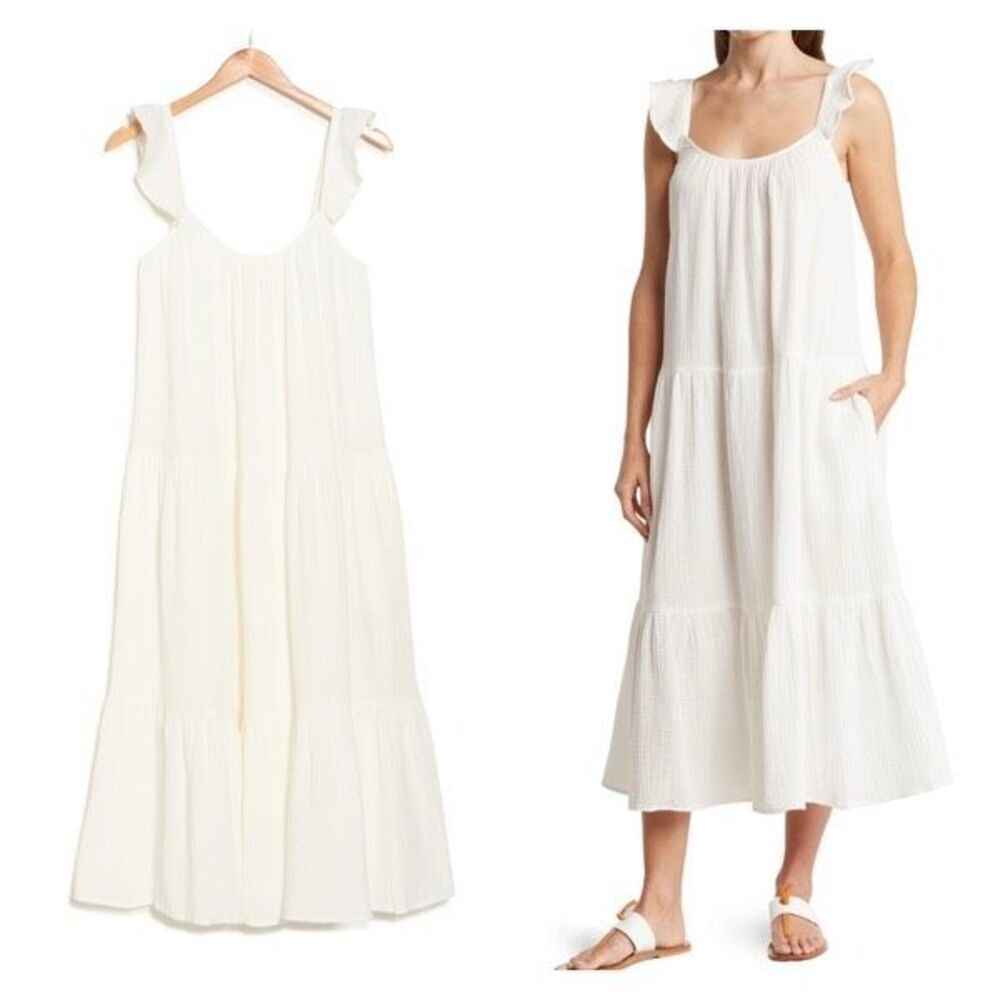 Anthropologie Womens Textured Ruffle Sleeve Tiered Midi Dress White Medium Gauzy